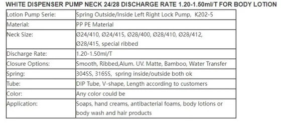316ss Dispenser de lotion pour le corps de printemps en blanc pompe de cou 24 / 28 Décharge K202-5