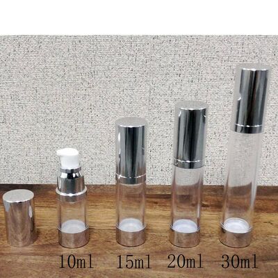 Bouteille cylindrique de pompe sans air en plastique argent PP de 10 ml, 15 ml, 20 ml et 30 m avec bouteille de pompe à lotion populaire