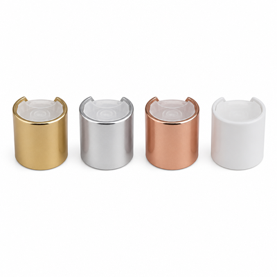 Bouchon rond jaune en aluminium-plastique avec bouton clair pour les bouteilles de soins de la peau