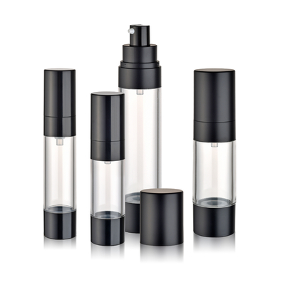 Emballage de soins de la peau comme flacon cosmétique en plastique sous vide sans air, avec bouchon à vis et pompe